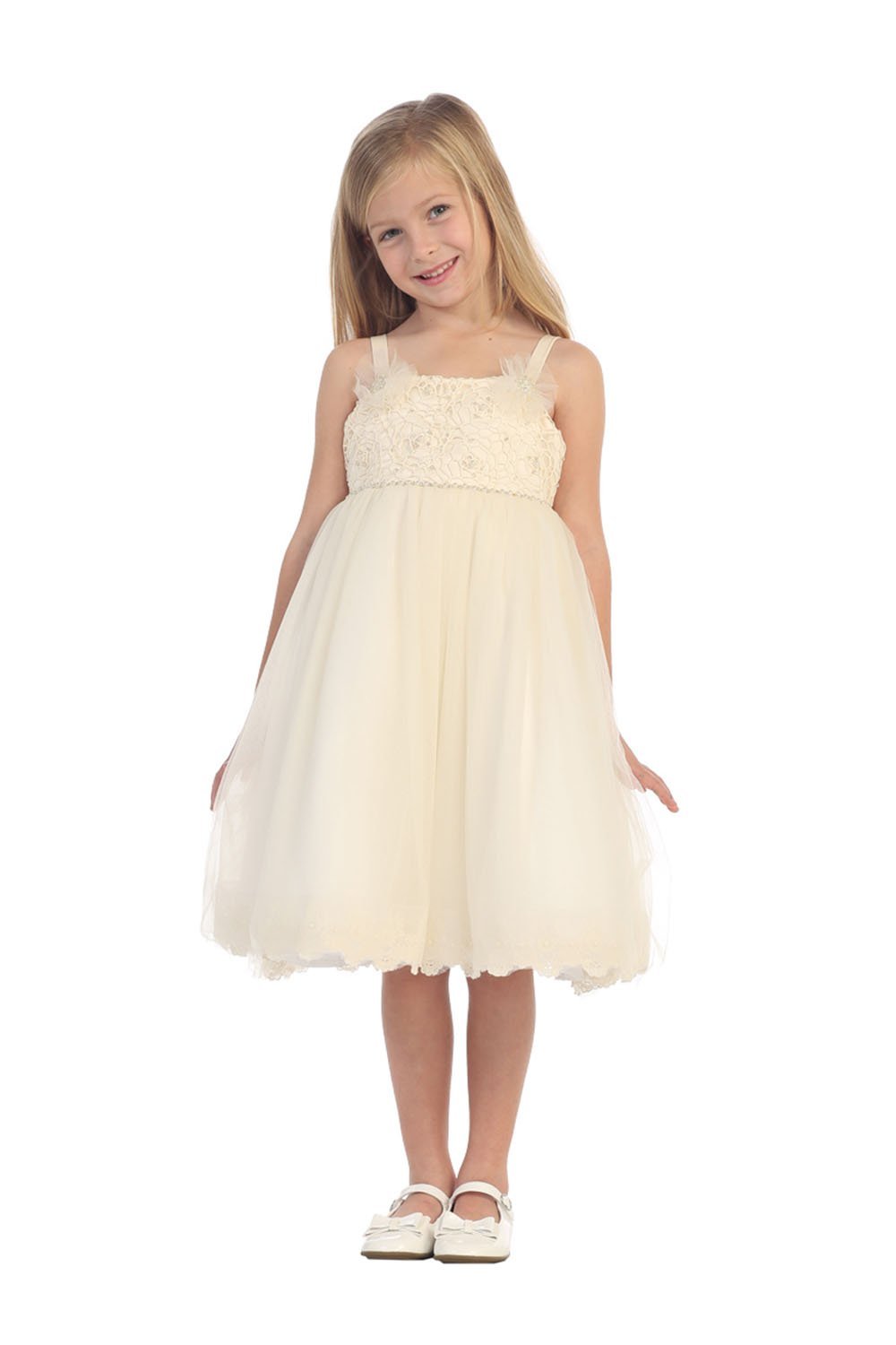 Cream Sleeveless Crochet Dress with Tulle Skirt Flower Girl Dress